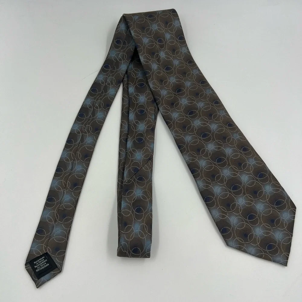 Van Heusen 100% Silk Brown and Blue Geometric Circles Tie Handmade necktie